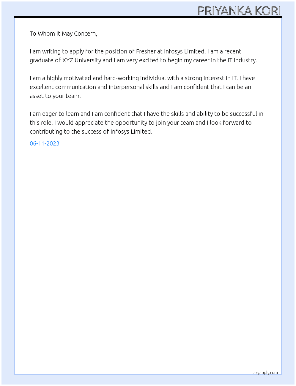 Fresher At Infosys Limited Cover Letter