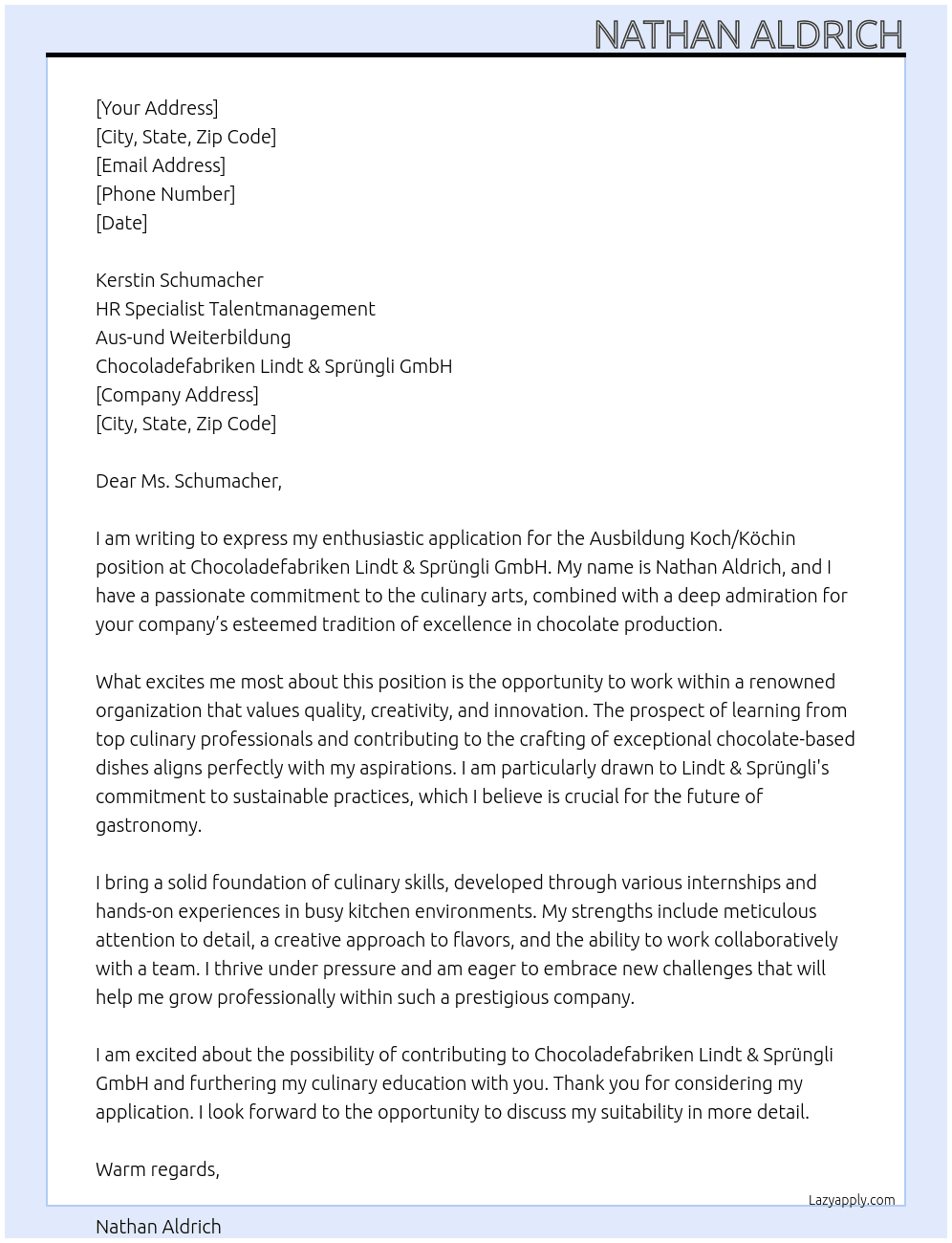 Ausbildung Koch/Köchin At Chocoladefabriken Lindt & Sprüngli GmbH Cover Letter
