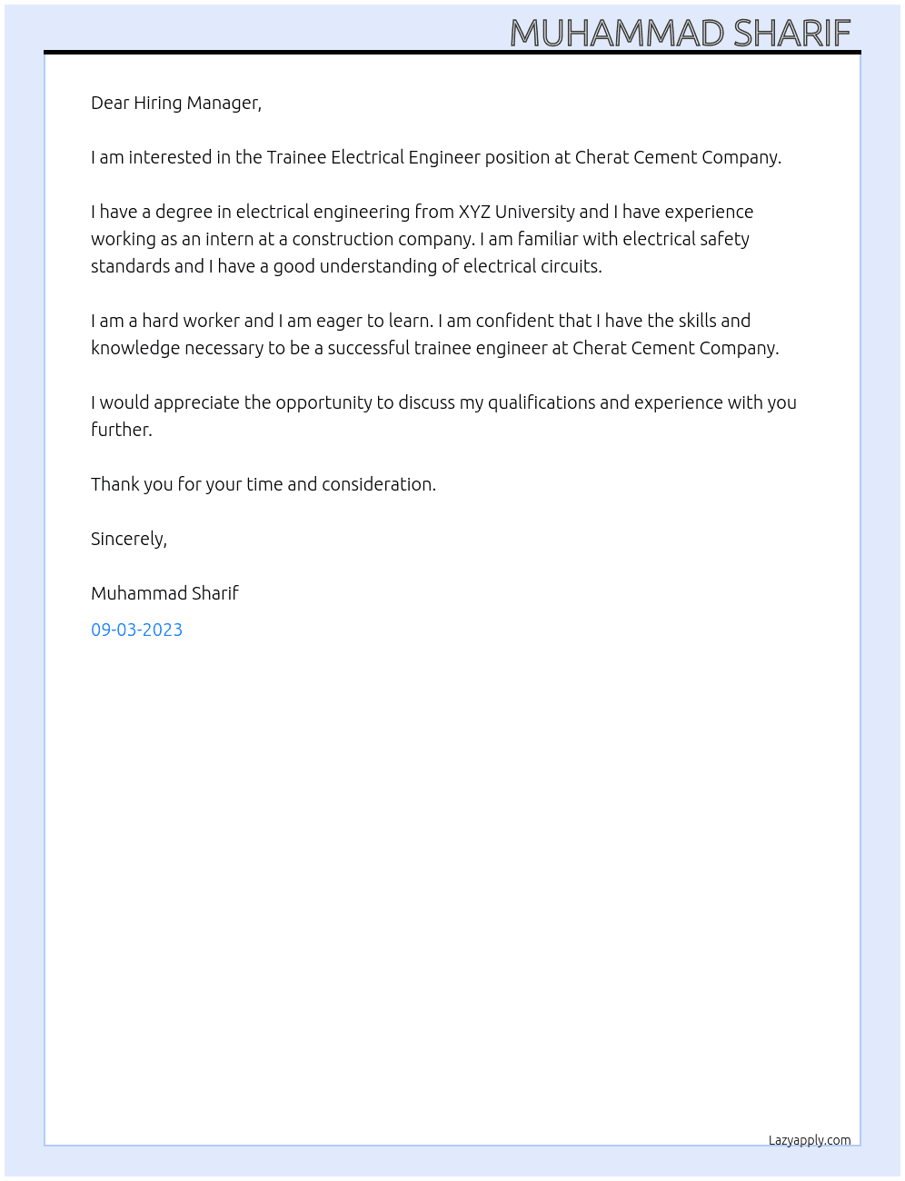 Trainee Electrical Engineer  At Cherat Cement Company  Cover Letter