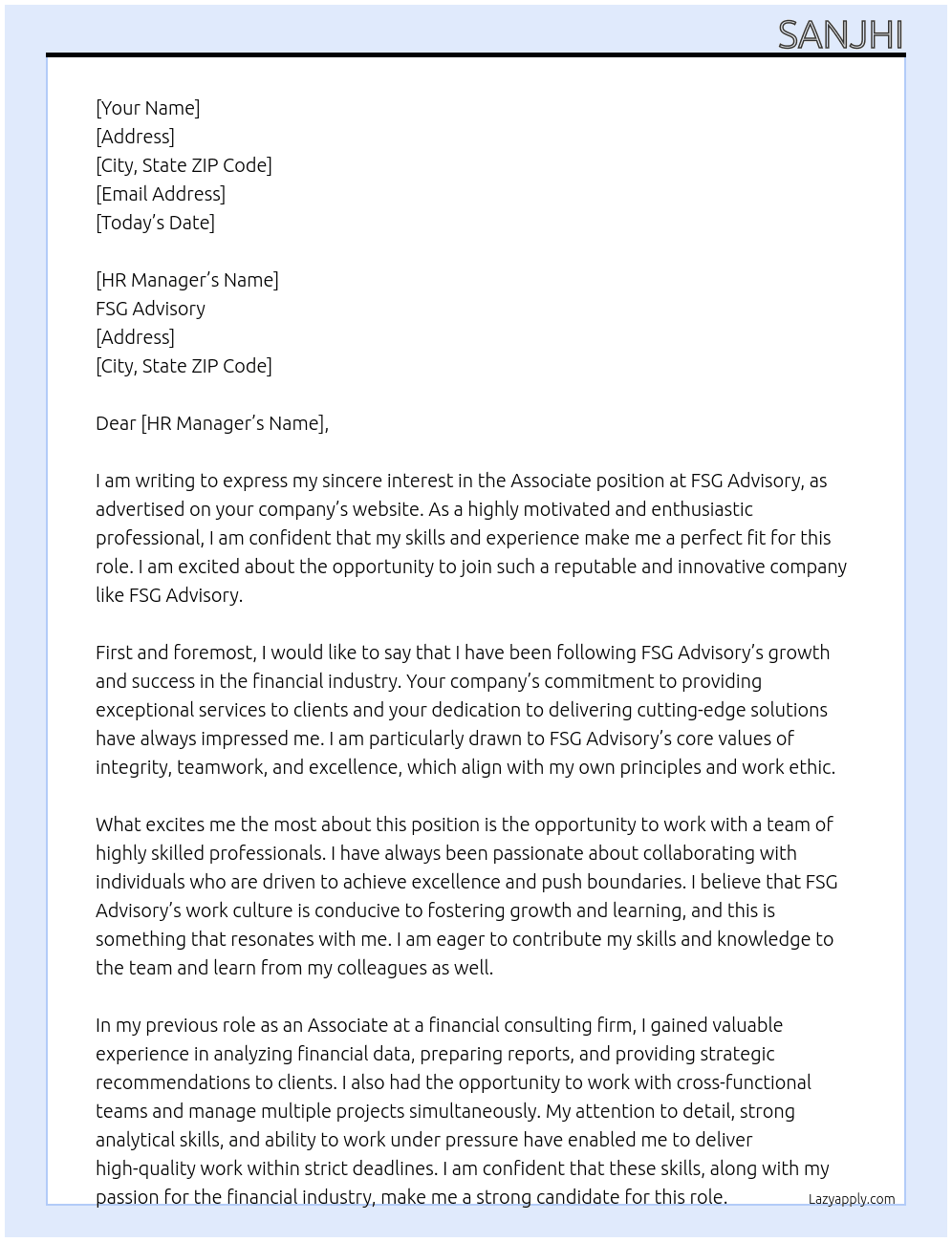 Associate At FSG Advisory Cover Letter
