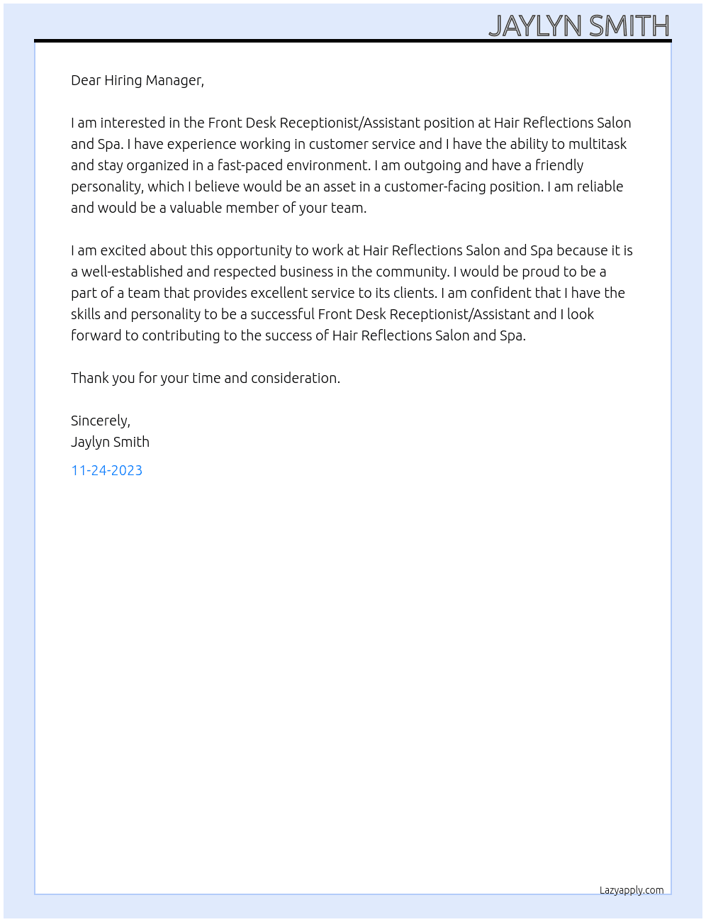 Front Desk Receptionist/Assistant At Hair Reflections Salon and Spa Cover Letter