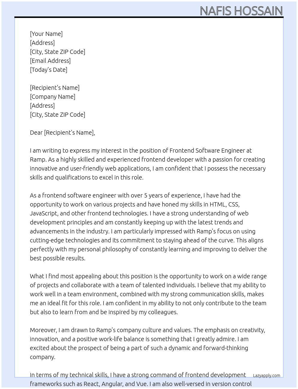 Frontend Software Engineer At Ramp Cover Letter