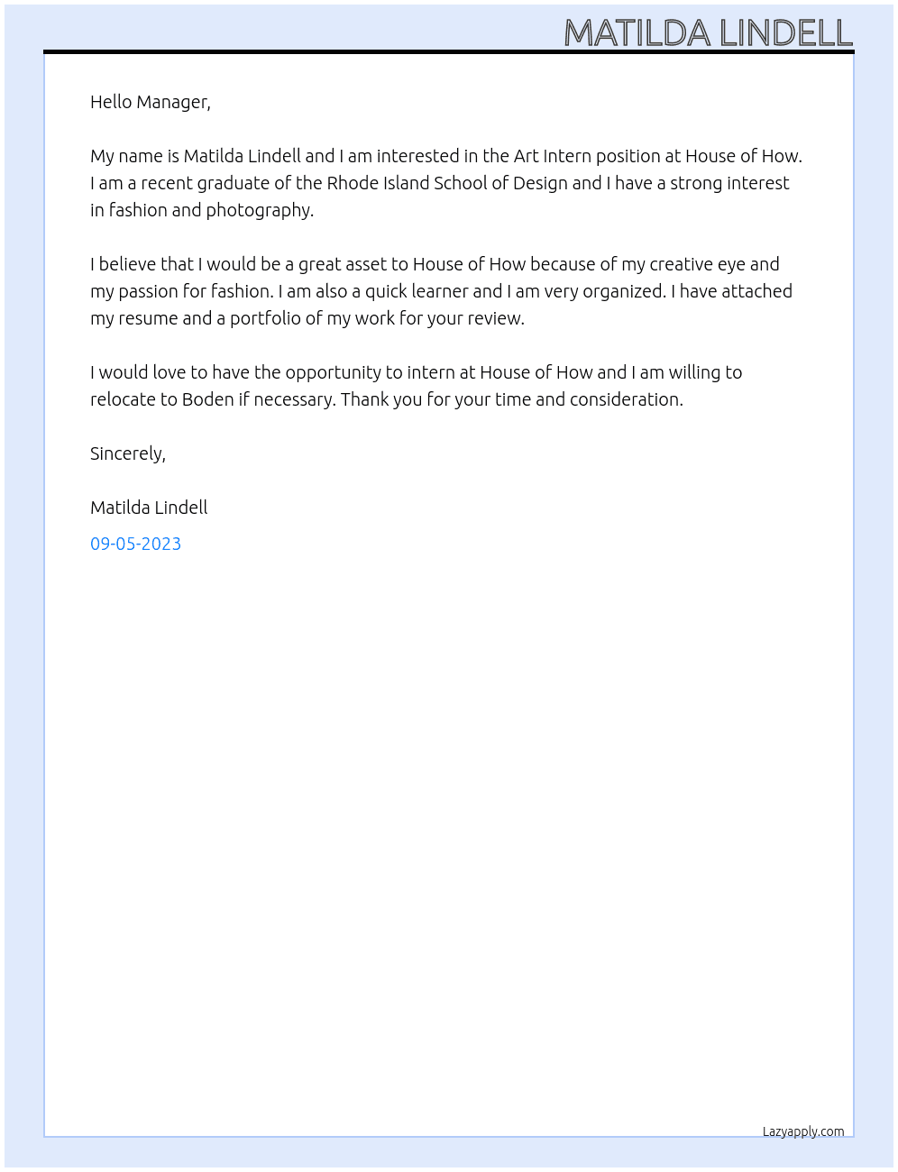 Art Intern At House of How Cover Letter