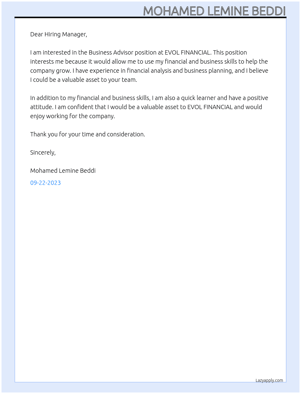 Business advisor At EVOL FINANCEMENT Cover Letter