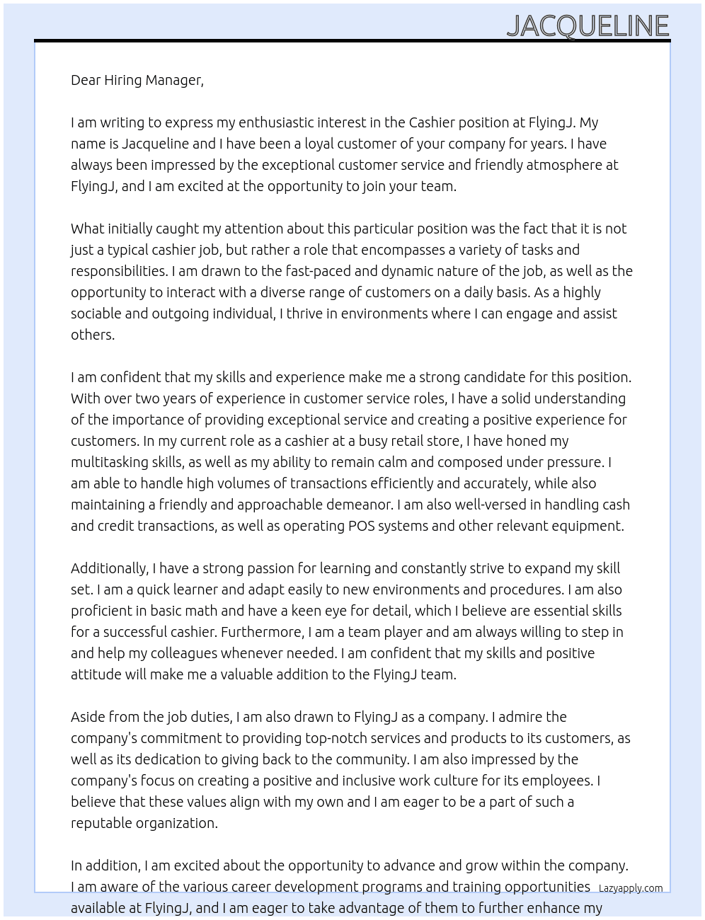 Cashier At FlyingJ Cover Letter