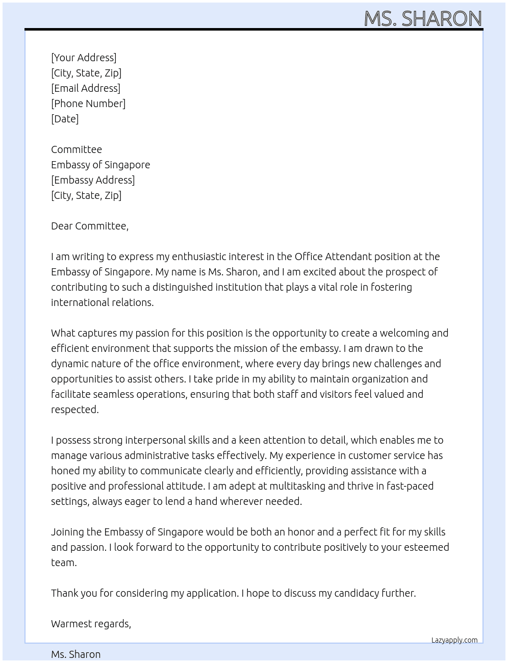 Office Attendant At Embassy of Singapore Cover Letter