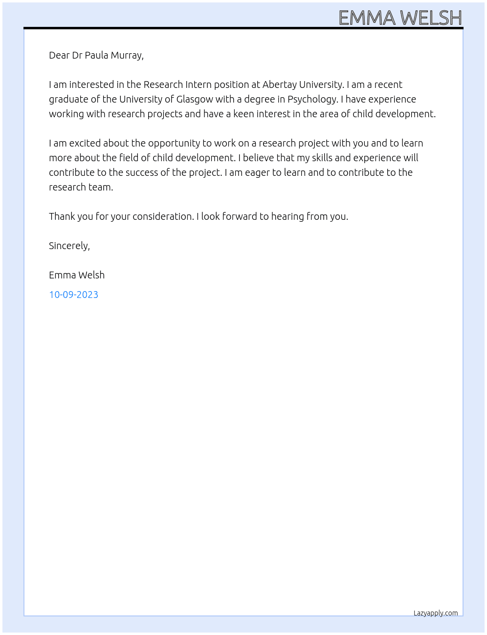 Research Intern At Abertay University Cover Letter
