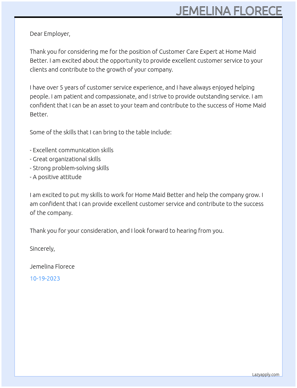 Customer Care Expert At Home Maid Better Cover Letter