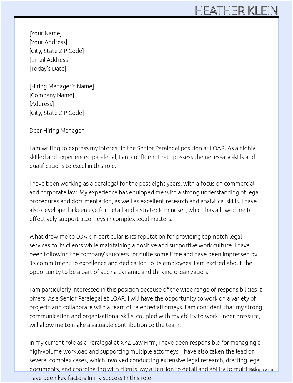 Senior Paralegal At LOAR Cover Letter