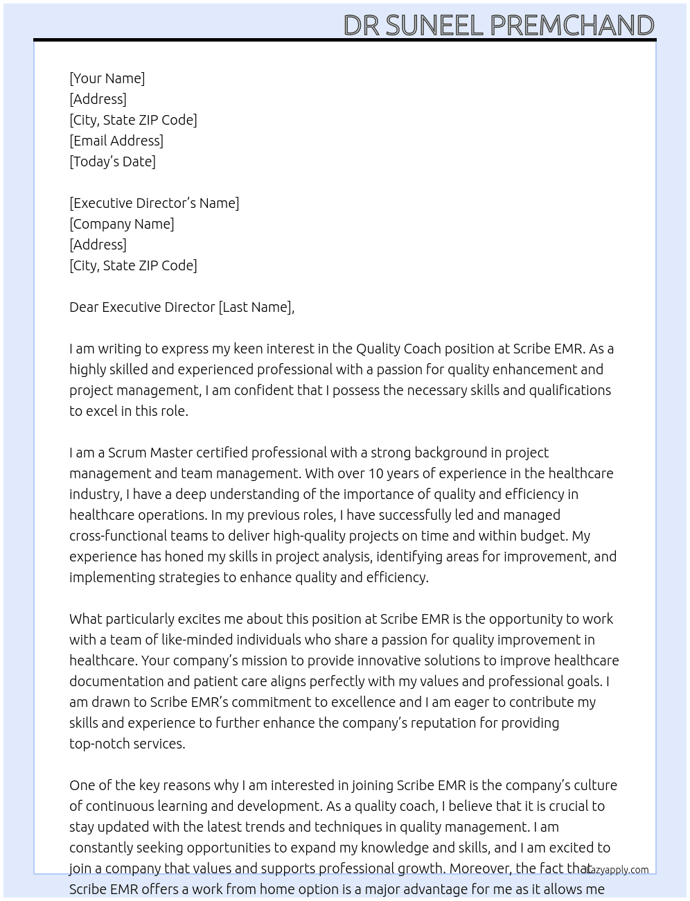 Quality coach At Scribe EMR Cover Letter