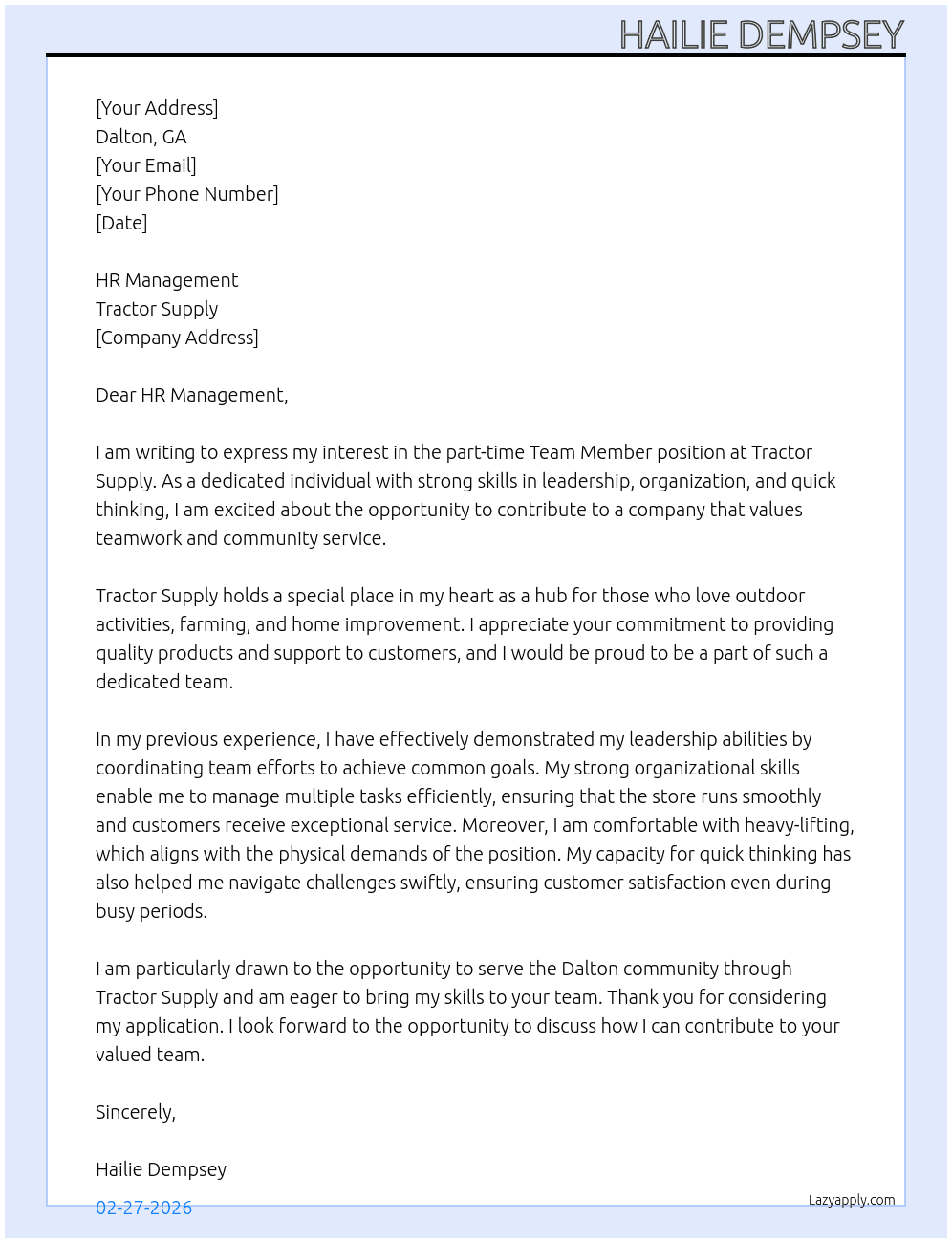 Cover letter for team member - LazyApply