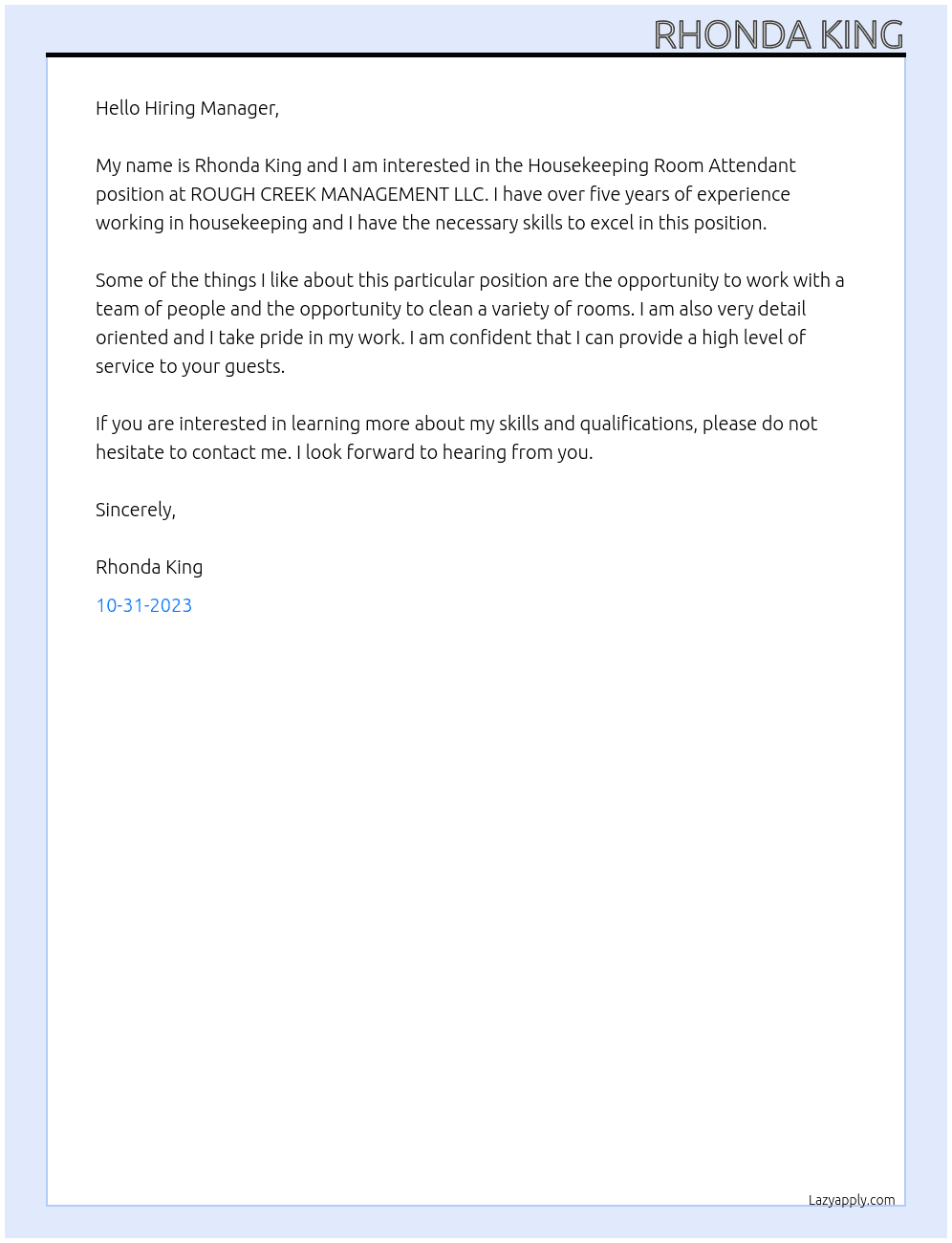 Housekeeping Room Attendants At ROUGH CREEK MANAGEMENT LLC  Cover Letter