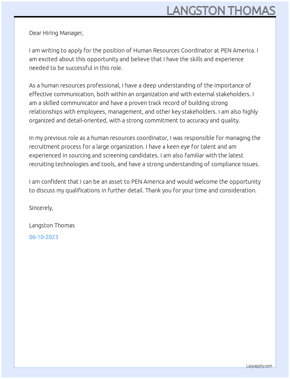Human Resources Coordinator At PEN America Cover Letter