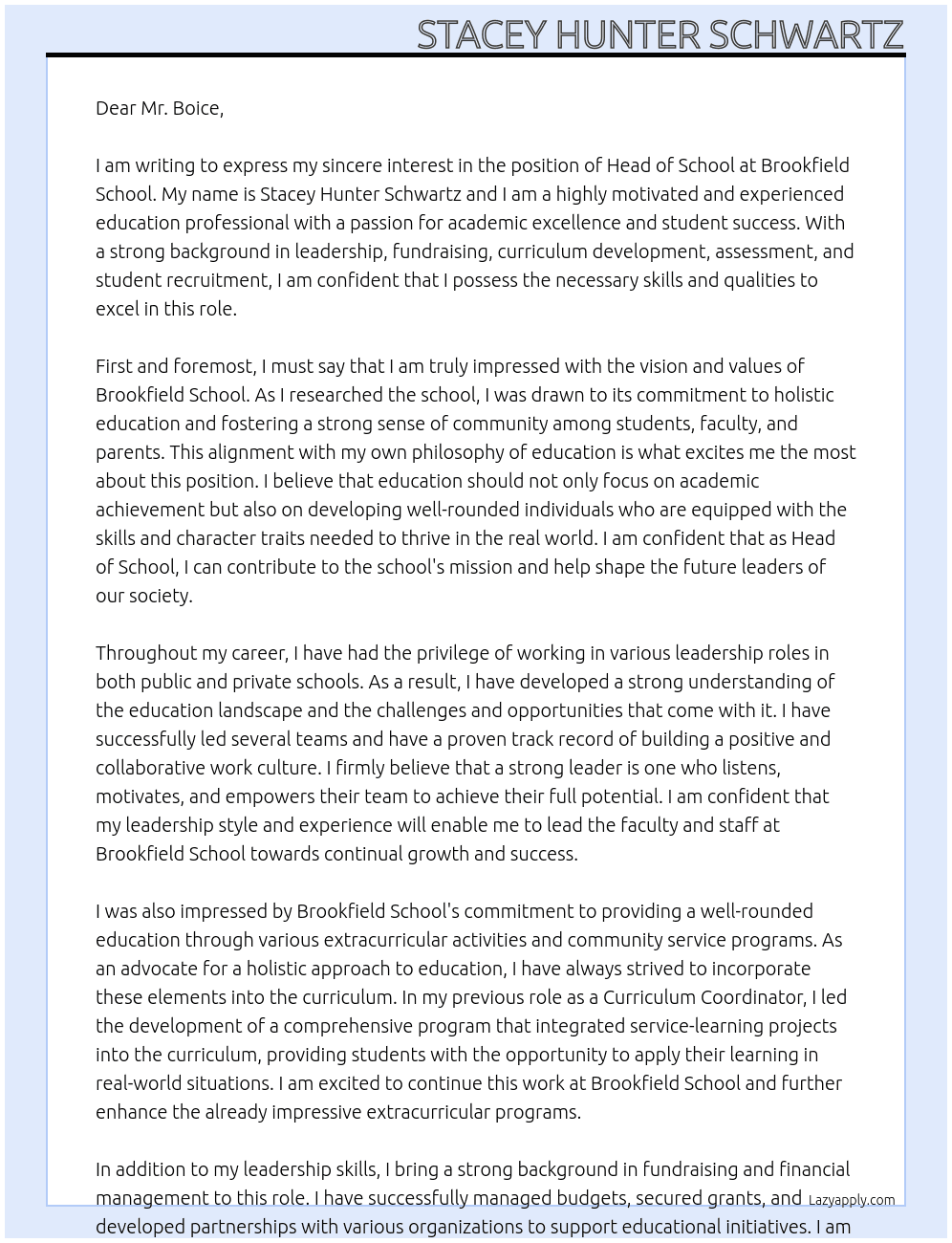 head of school At Brookfield School Cover Letter