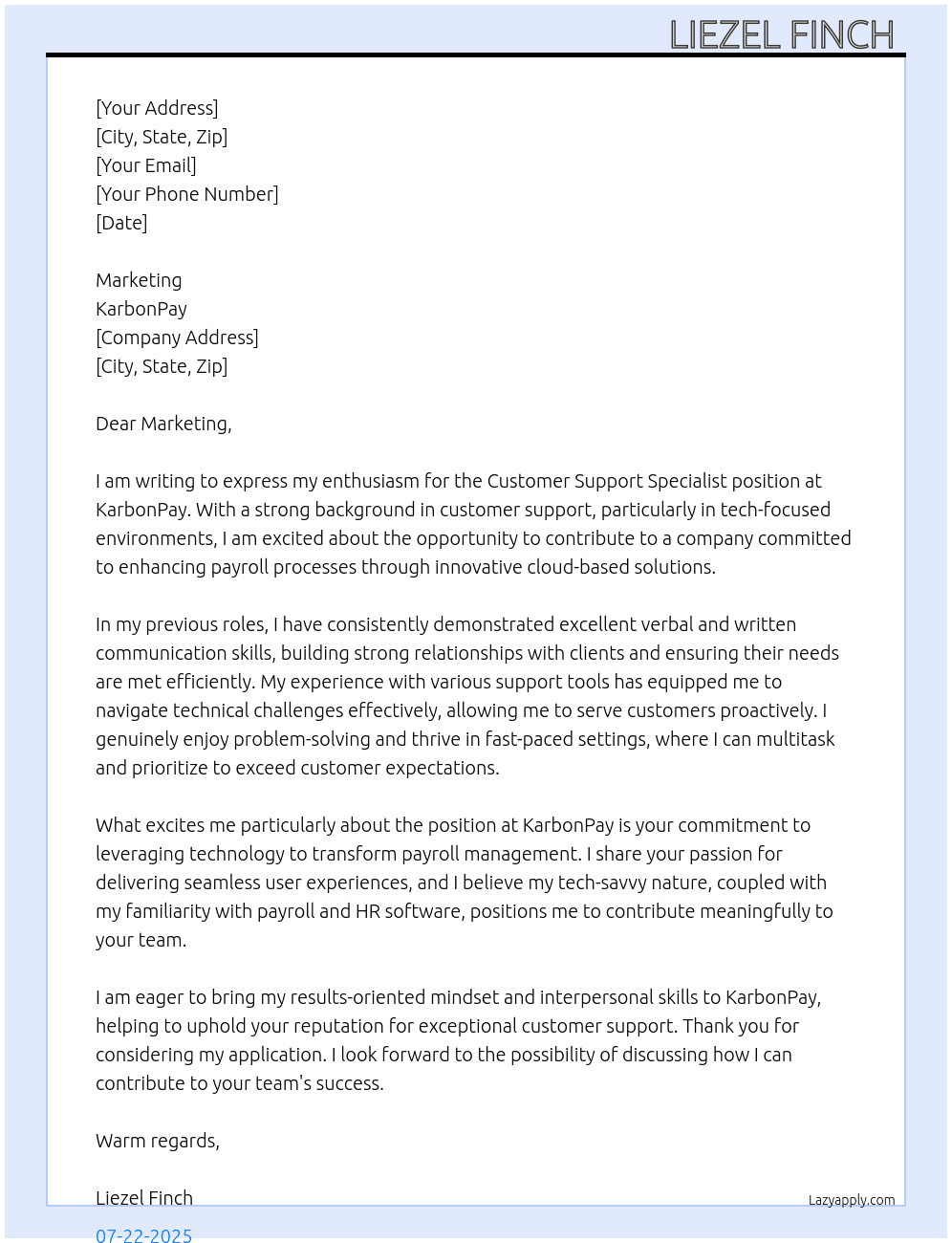 Customer Support specialist  At karbonpay Cover Letter