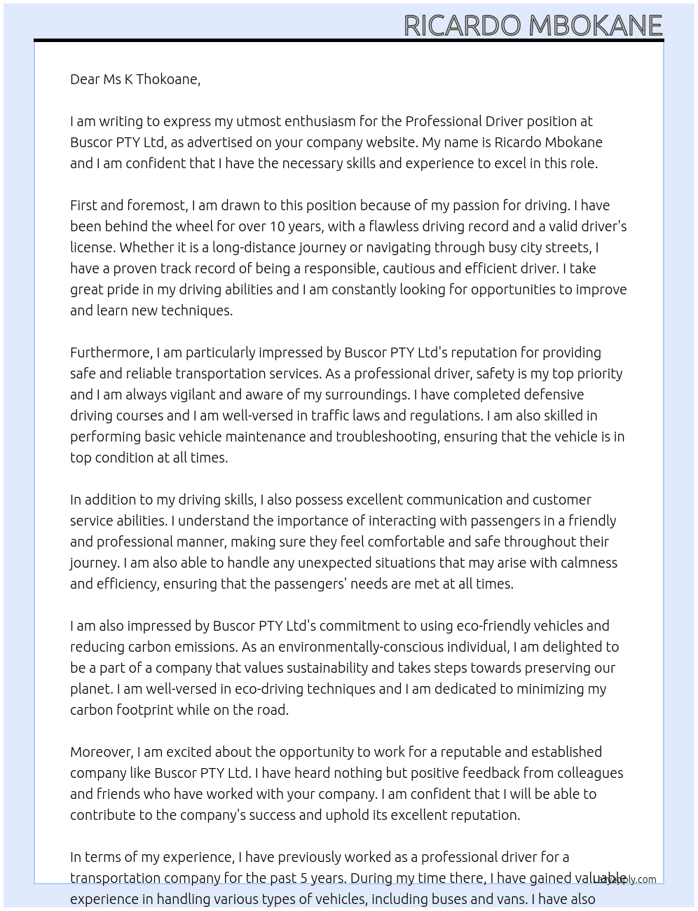 Professional driver At Buscor PTY Ltd Cover Letter