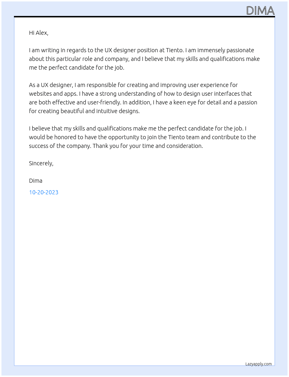 Ux designer At Tiento Cover Letter