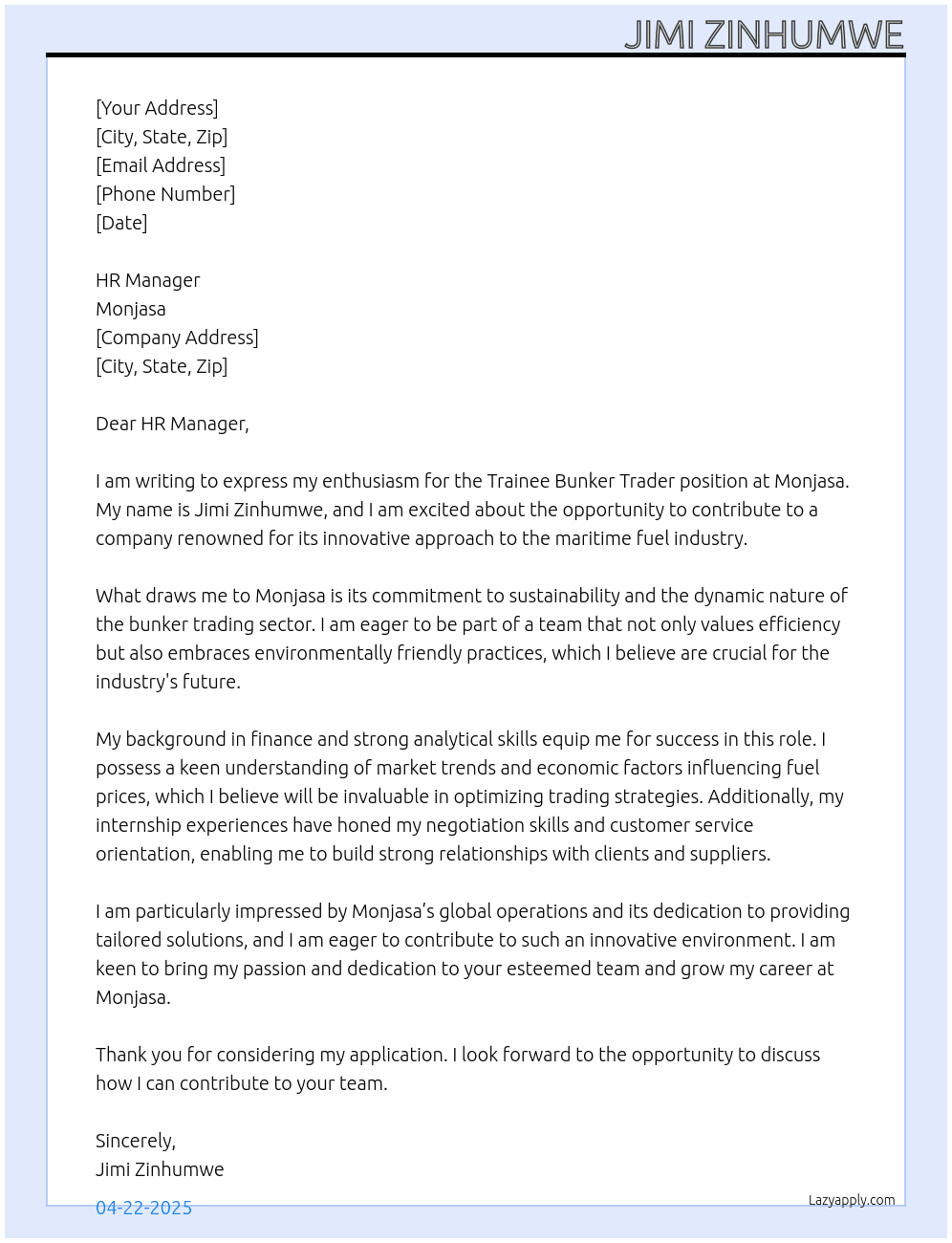 Trainee bunker trader  At Monjasa  Cover Letter
