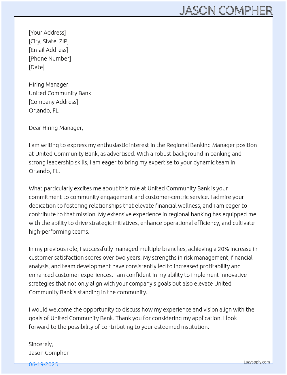 Cover letter for regional banking manager - LazyApply