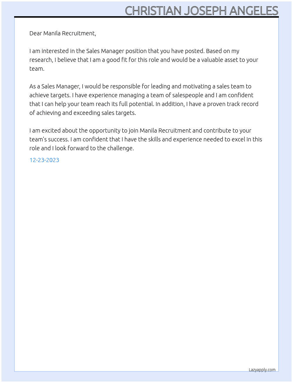 Sales Manager At Manila Recruitment Cover Letter