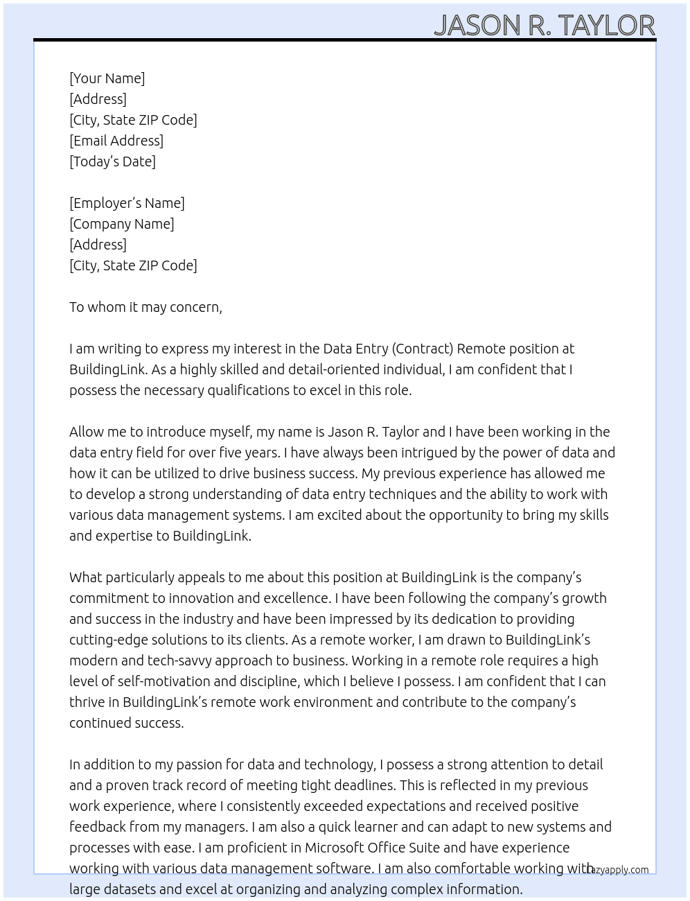 Data Entry (Contract) Remote At BuildingLink Cover Letter