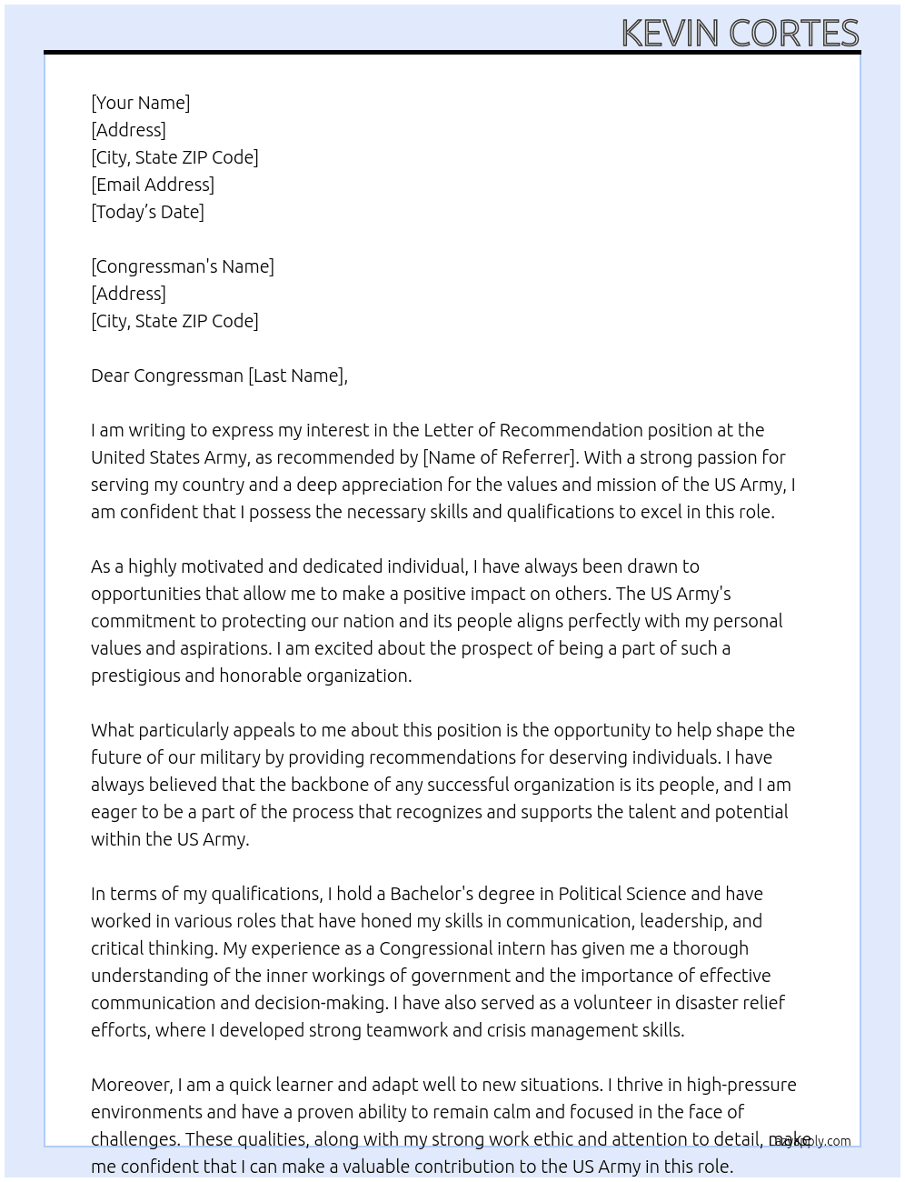 Letter of recommendation At US Army Cover Letter