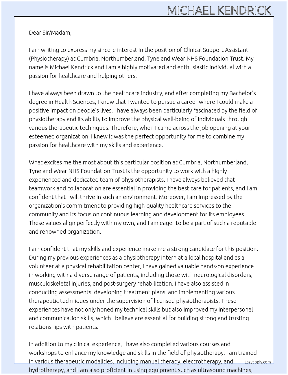 Clinical Support Assistant (Physiotherapy) At Cumbria, Northumberland, Tyne and Wear NHS Foundation Trust Cover Letter
