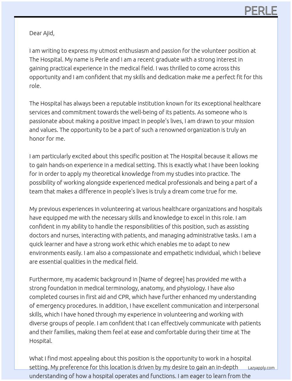 volunteer At the hospital Cover Letter