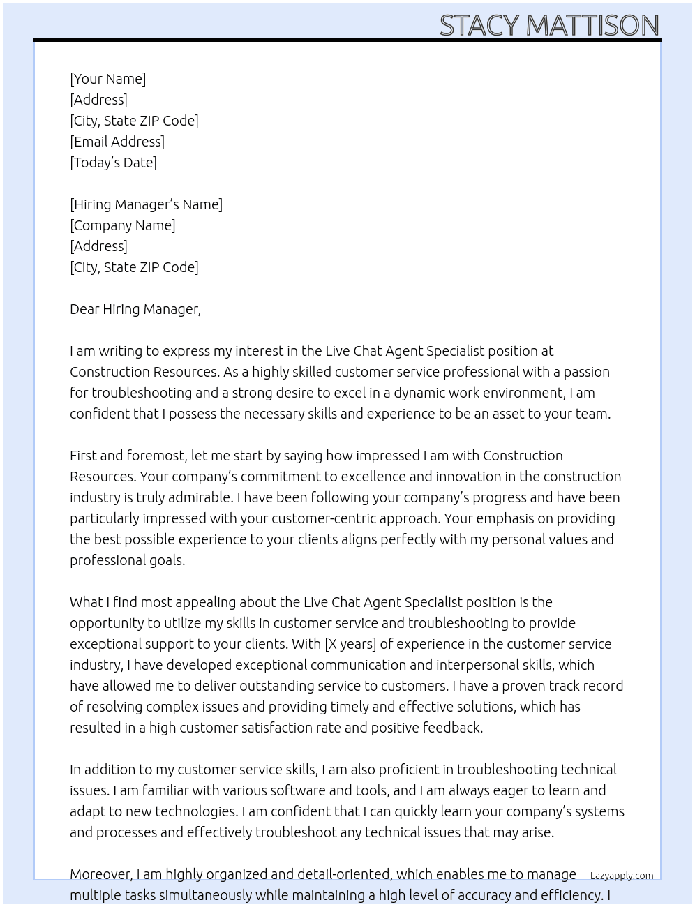 Live chat agent specialist At Construction resources Cover Letter
