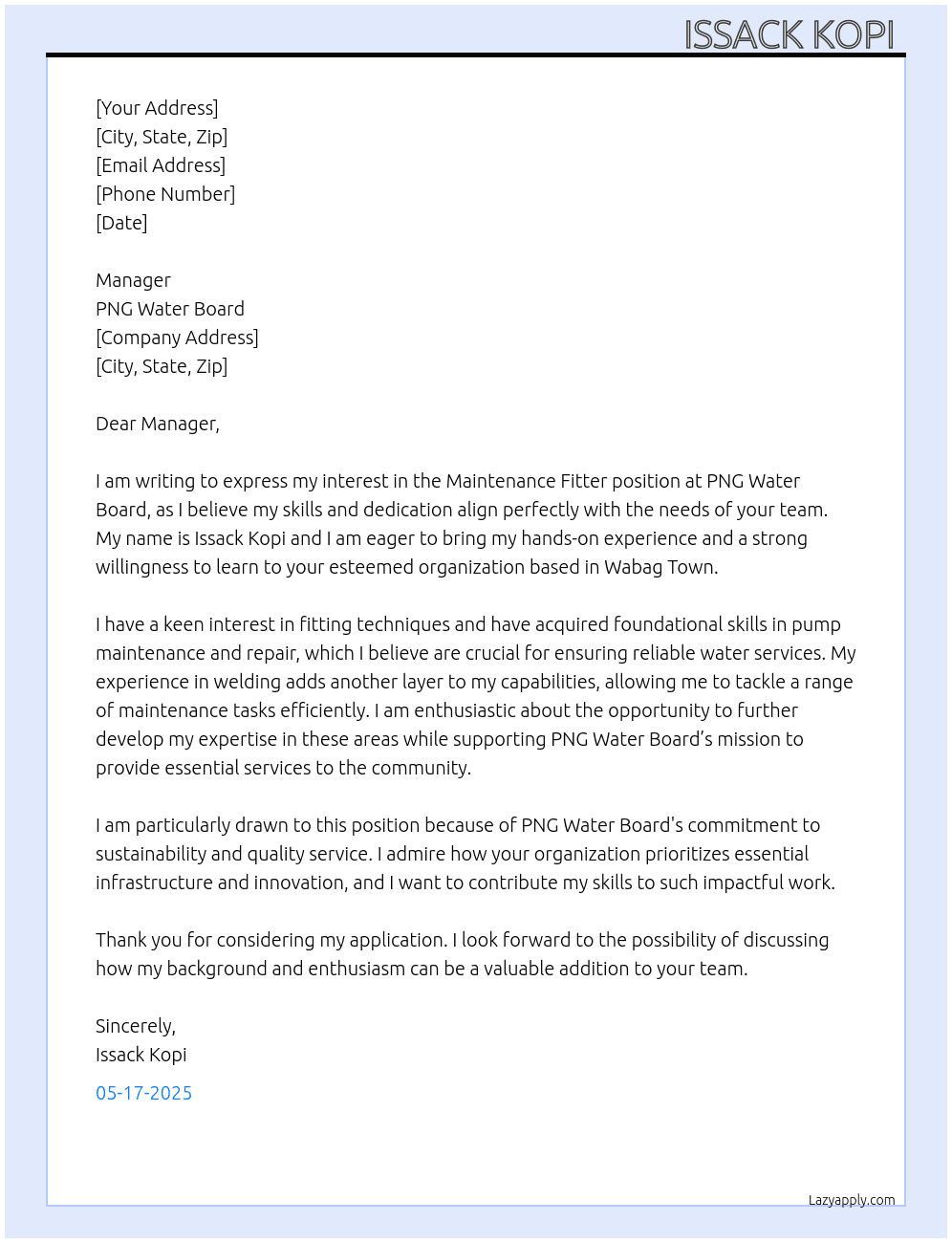 Maintenance Fitter  At PNG Water board  Cover Letter