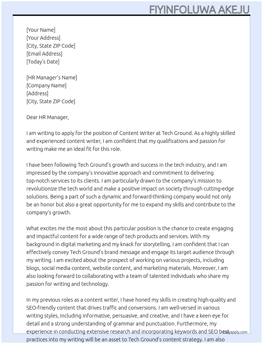 Content writwr At Tech griund Cover Letter