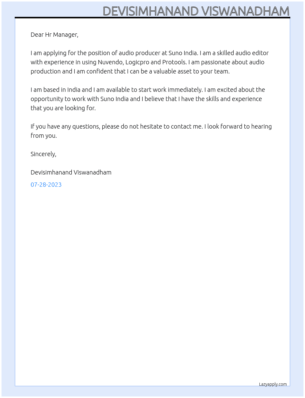 Audio producer At Suno india Cover Letter