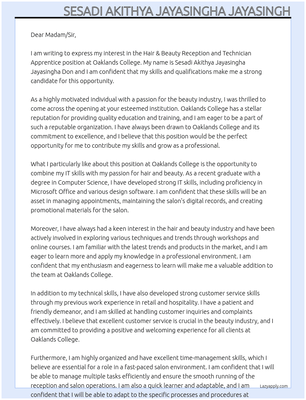 Hair & Beauty Reception and Technician Apprentice At Oaklands College Cover Letter