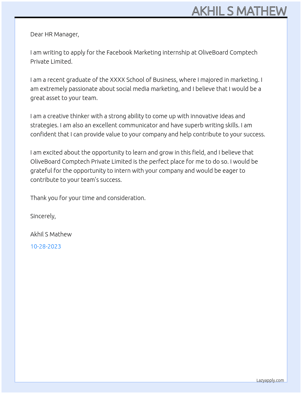 Facebook Marketing internship  At OliveBoard Comptech Private Limited Cover Letter
