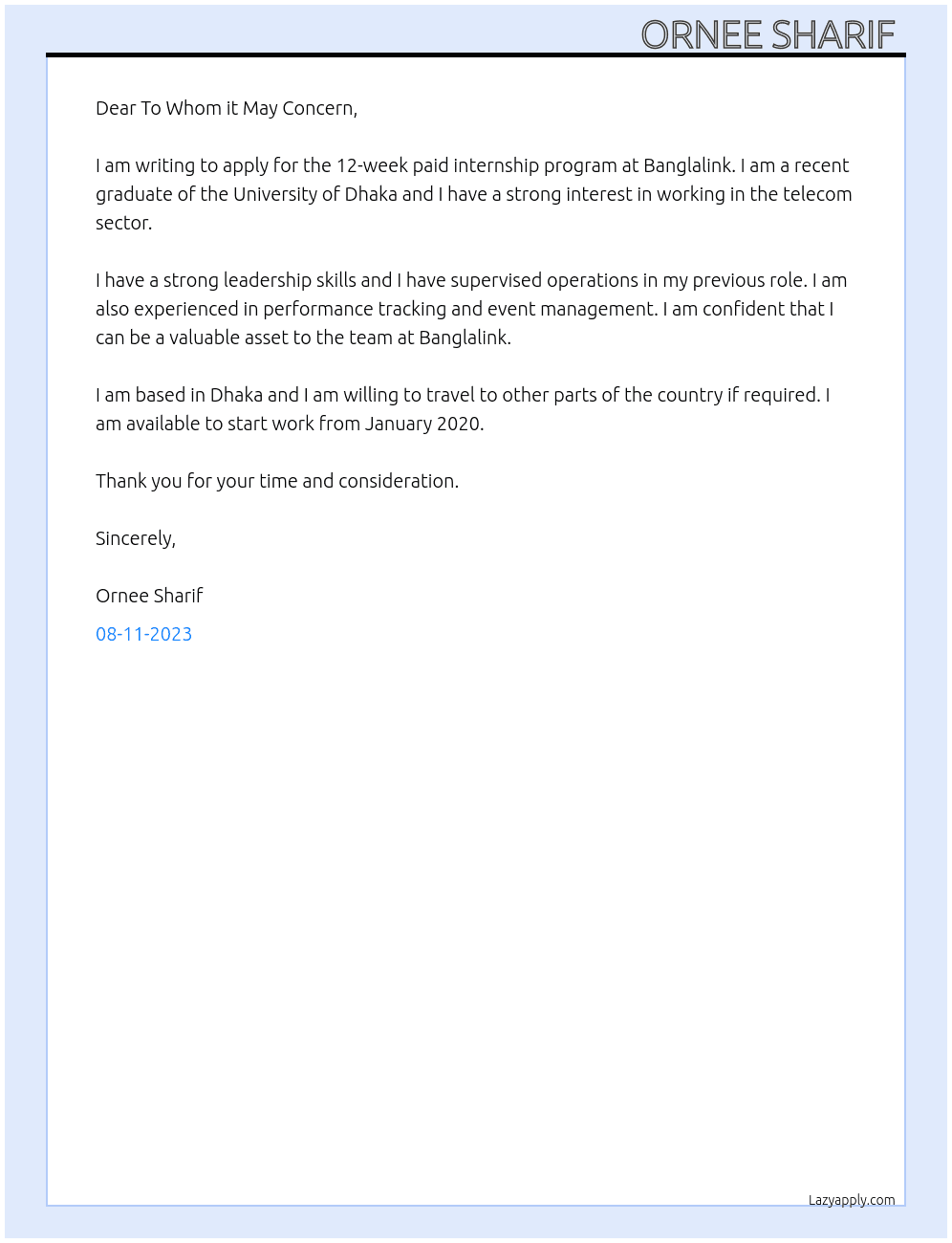 12 weeks long paid internship program At Banglalink Cover Letter