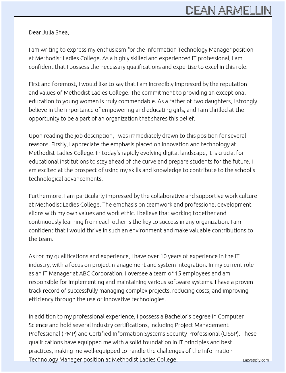 Information Technology Manager At Methodist Ladies College Cover Letter