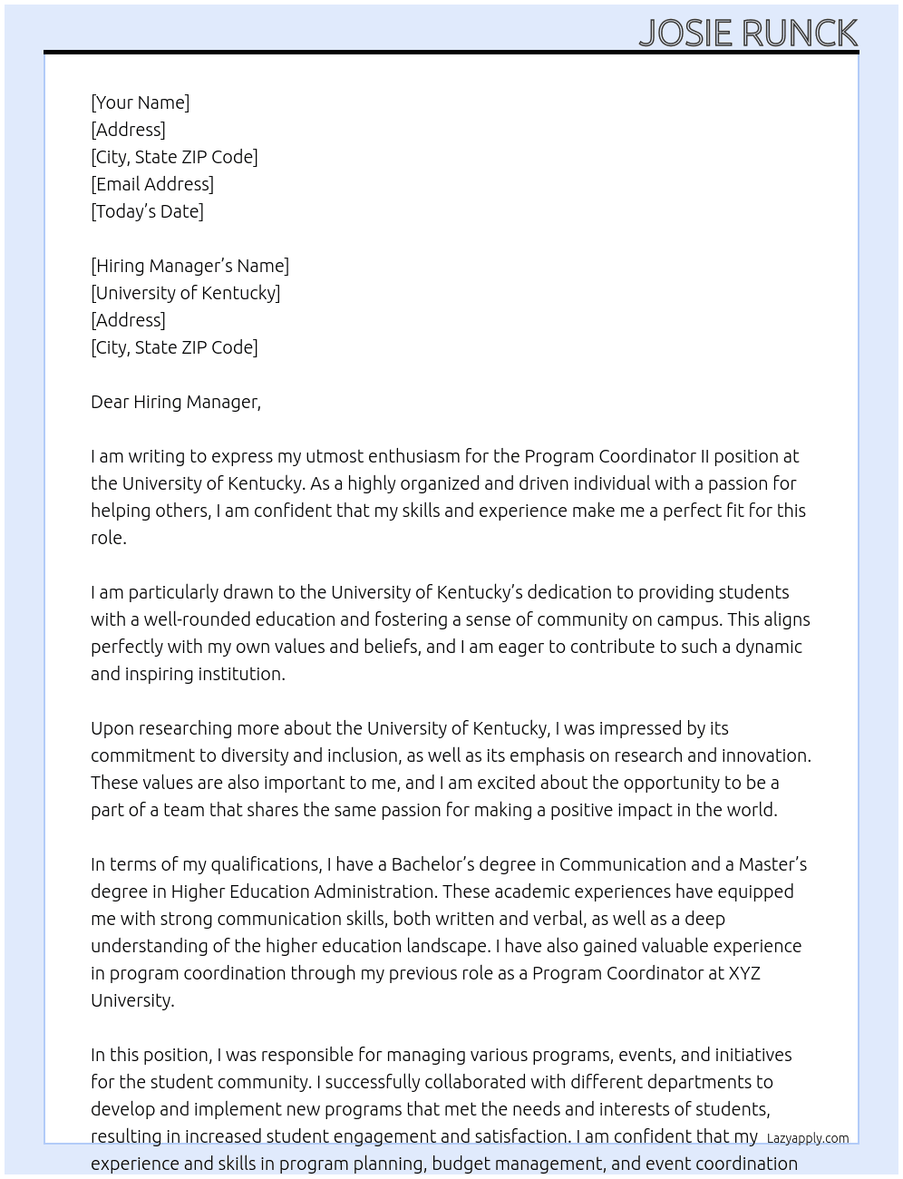 Program Coordinator II At University of Kentucky Cover Letter
