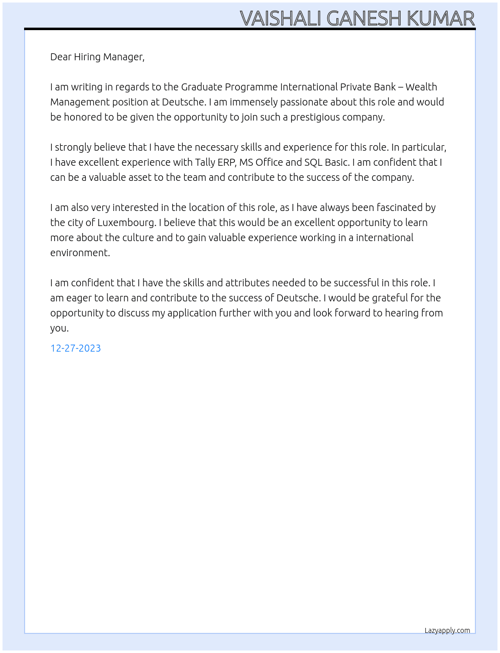 Graduate Programme International Private Bank – Wealth Management  At Deutsche  Cover Letter