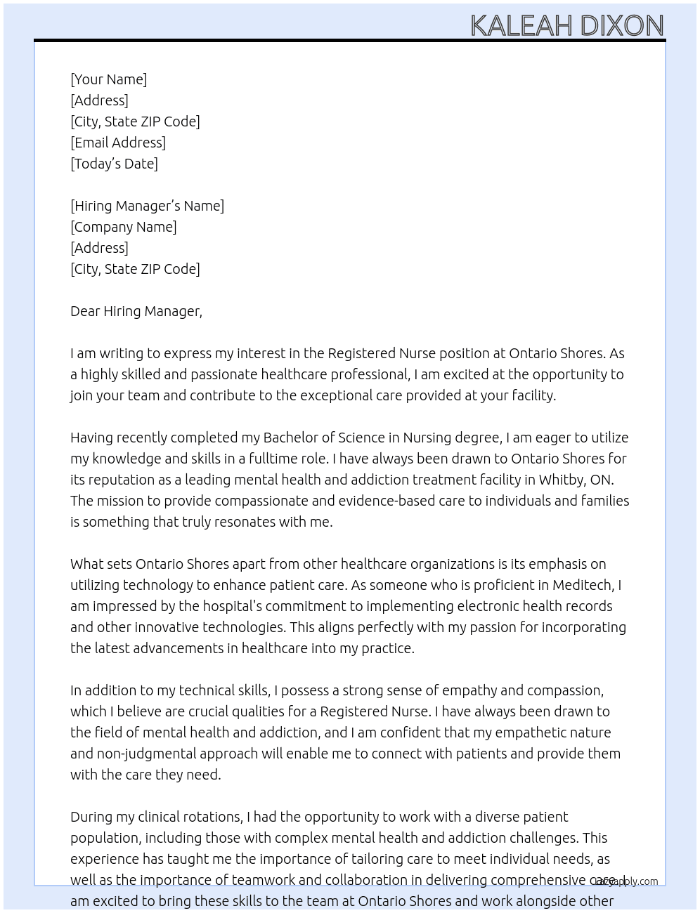 Registered Nurse At Ontario Shores Cover Letter