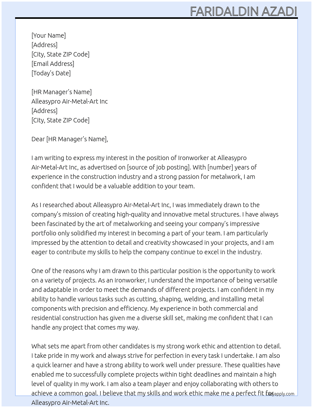 ironworker At Alleasypro Air-Metal-Art Inc Cover Letter