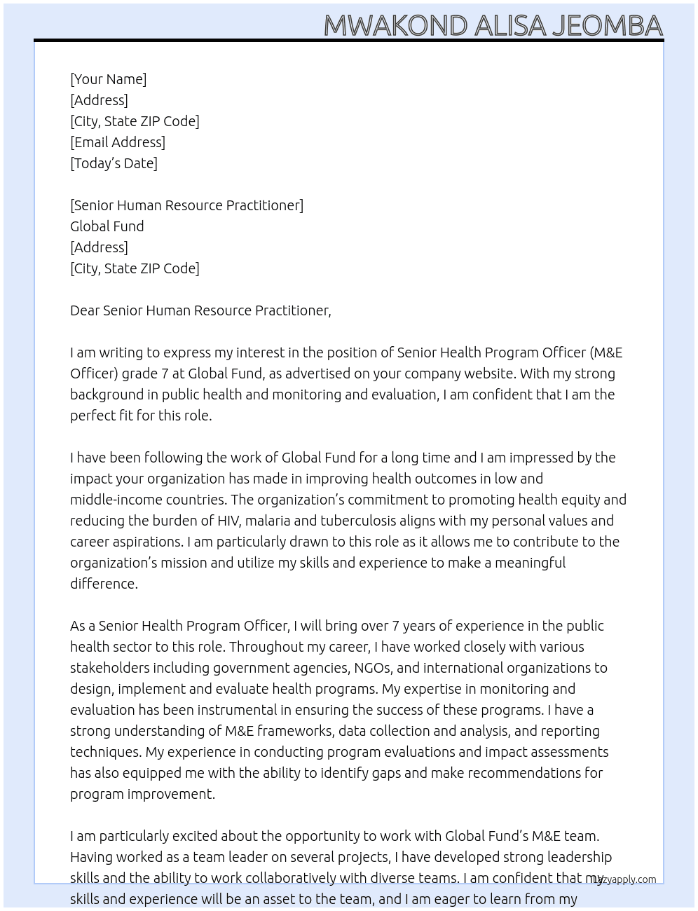 Senior Health Program Officer (M&E Officer) grade 7 At Global Fund Cover Letter