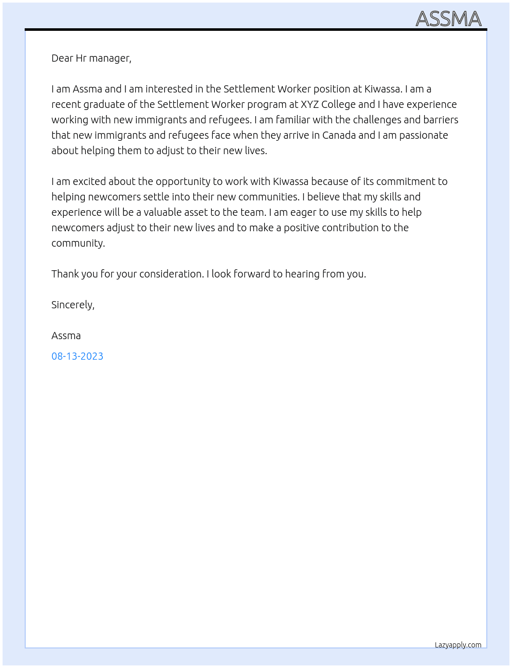 Settlement Worker At Kiwassa  Cover Letter