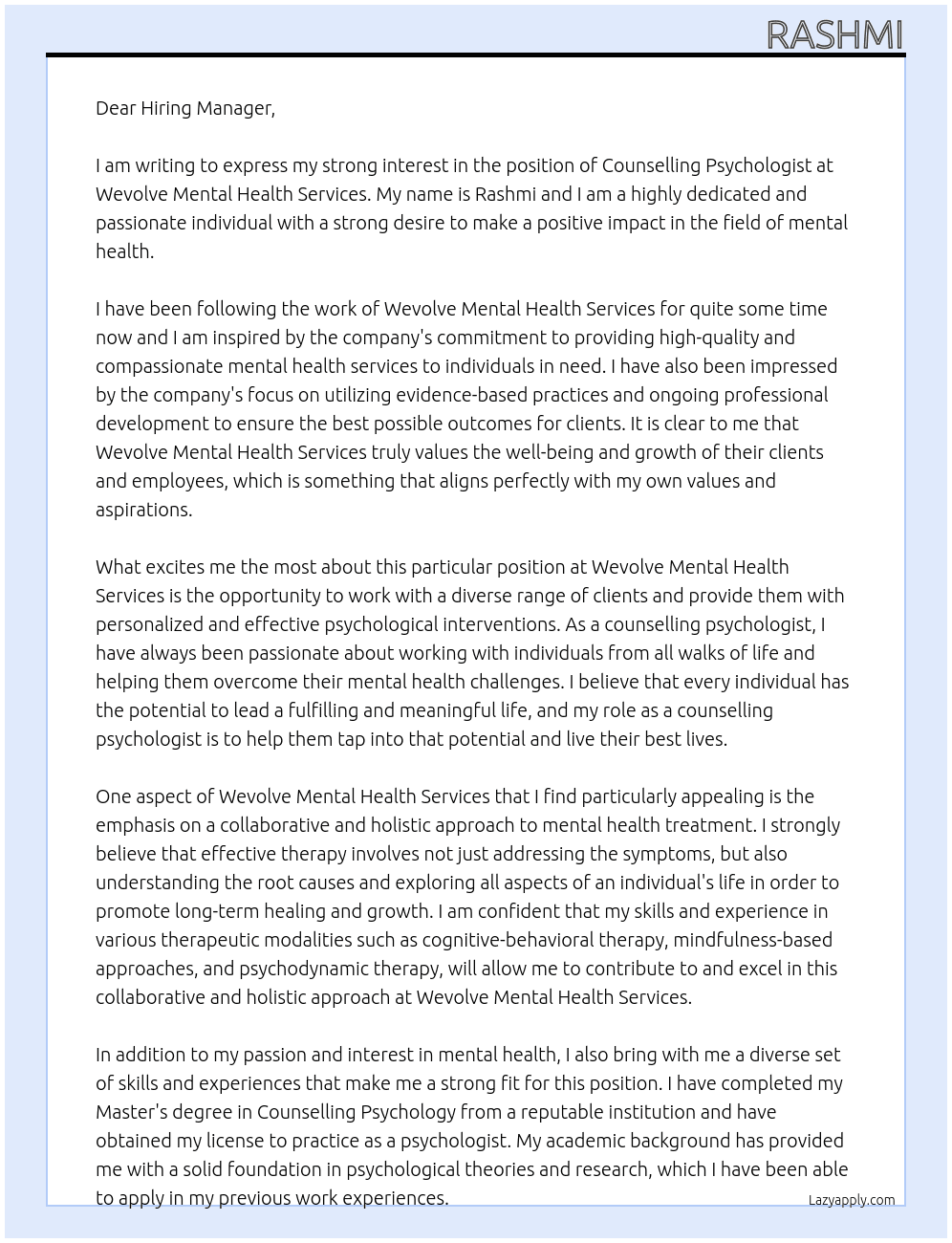 Counselling psychologist  At Wevolve Mental Health Services  Cover Letter