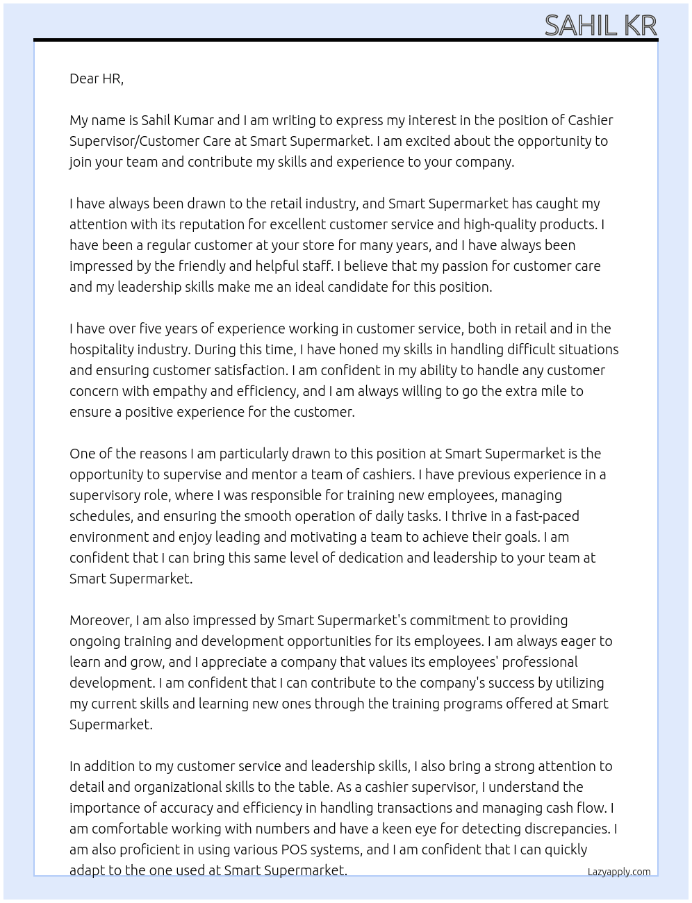 Cashier supervisor/ customer care At Smart supermarket Cover Letter