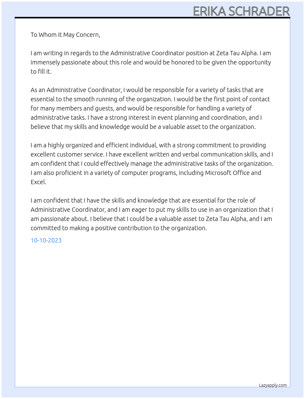 Administrative Coordinator At Zeta Tau Alpha Cover Letter