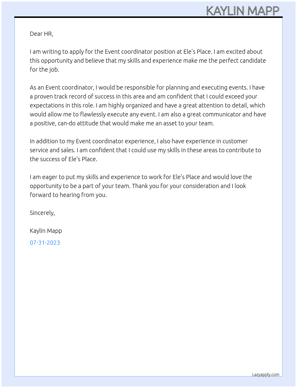 Event coordinator  At  Ele's Place Cover Letter