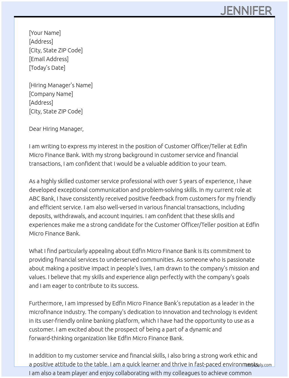 Customer officer/teller At Edfin micro finance bank  Cover Letter