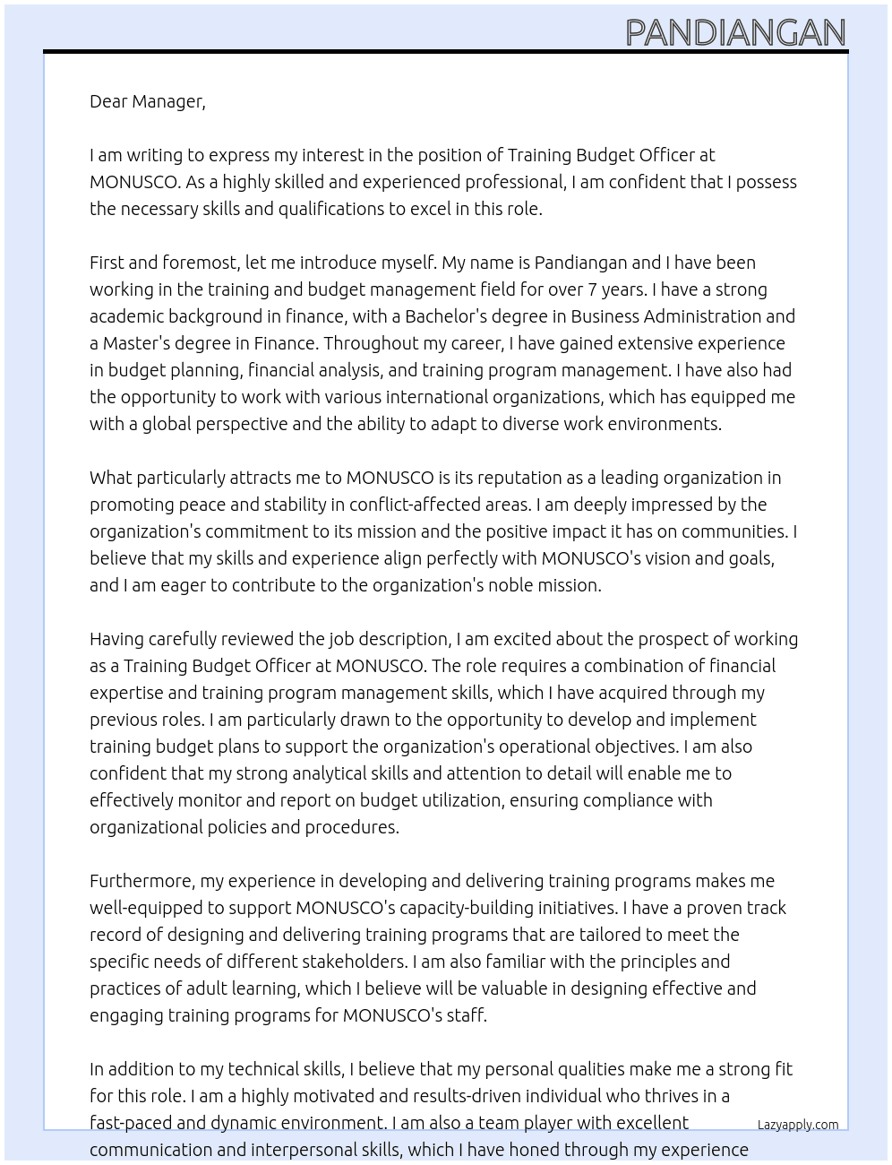 Training Budget Officer At MONUSCO Cover Letter