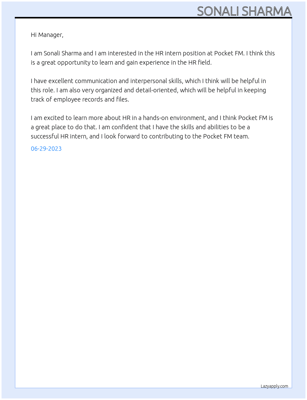 Hr intern At Pocket FM Cover Letter