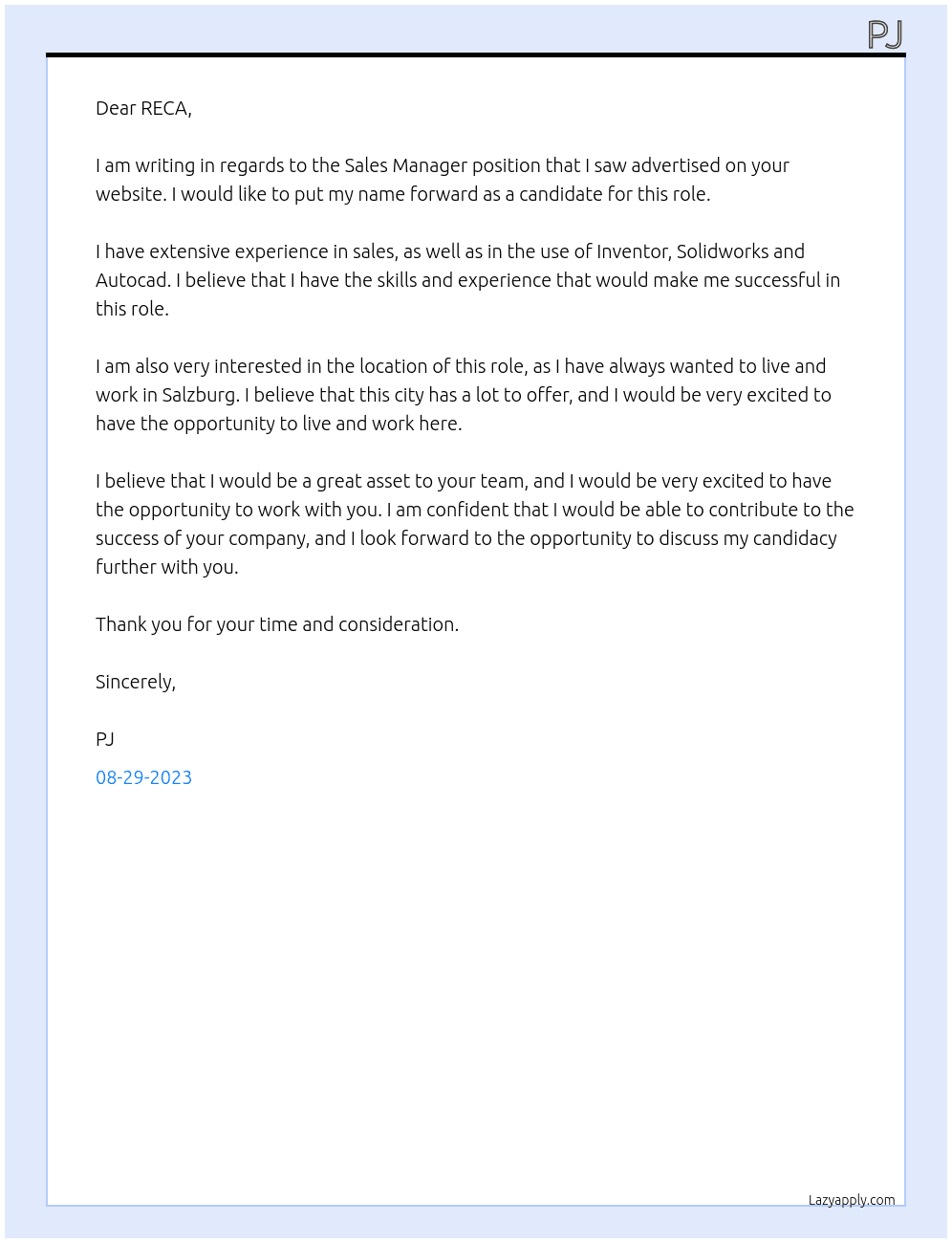 Sales Manager At RECA Cover Letter